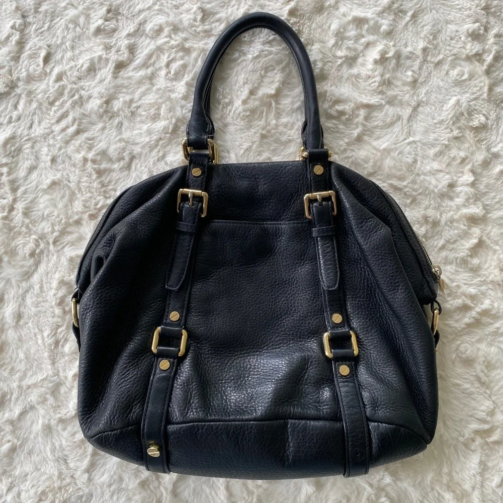 Michael Kors Satchel Handbag Black Pebbled Leather Gold Buckle Hardware Classic